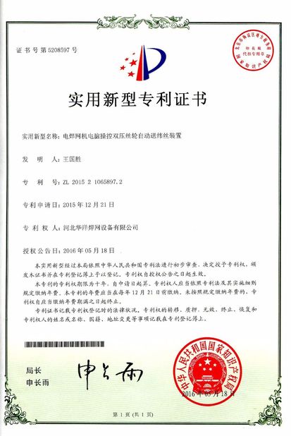 China Hebei Huayang Welding Mesh Machine Co., Ltd. Certificaciones